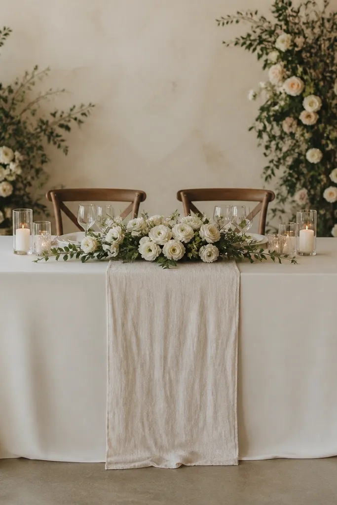 A sweetheart table with a narrow runner centered on a wide tablecloth. The runner is a different fabric texture and shows slight wrinkles at the center, and the table corners look bare.