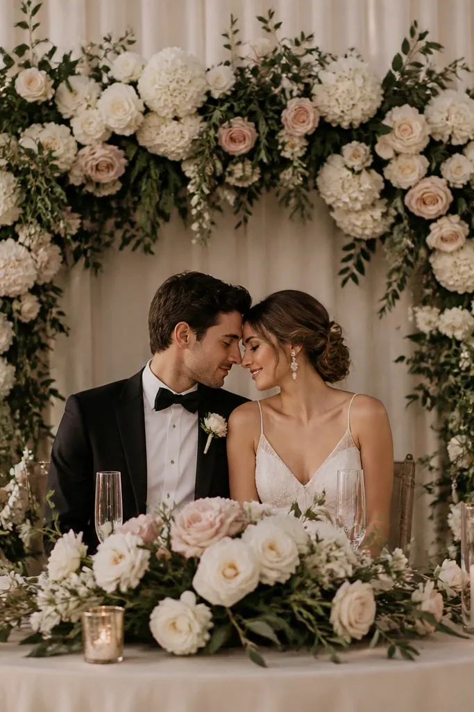 A sweetheart table with a floral arch or tall structure placed close behind the chairs; the arch covers part of the backdrop and sits at head height. The couple's heads are very near the structure, and the background looks cramped.
