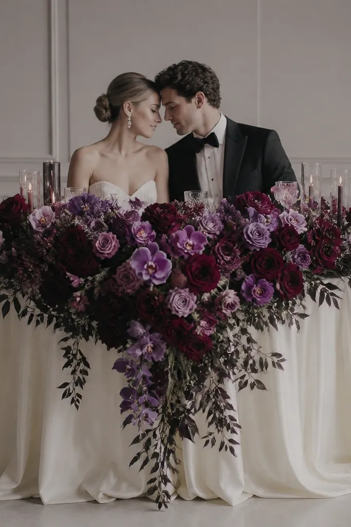 A sweetheart table with deep burgundy and cool purple florals dominating the center. The tablecloth is warm ivory, but the floral palette makes the couple's complexion look grayish in the image. The greenery looks dark and heavy.