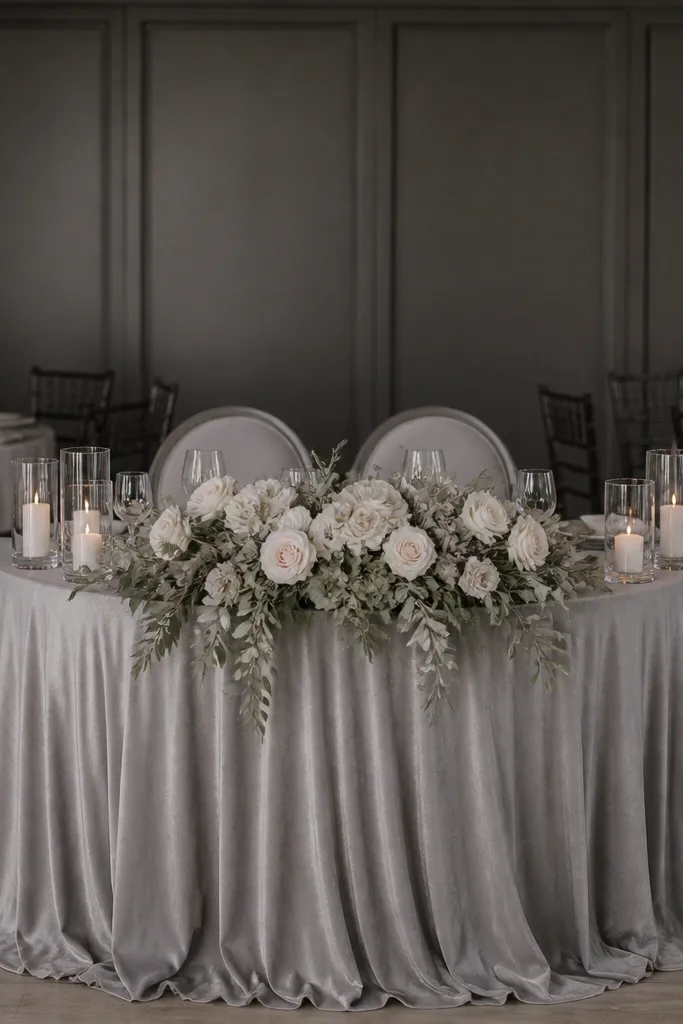 A sweetheart table with neutral décor that looks gray in photos; the backdrop is dim and the flowers appear muted. The room has overhead lighting, and there are no warm uplights aimed at the table.