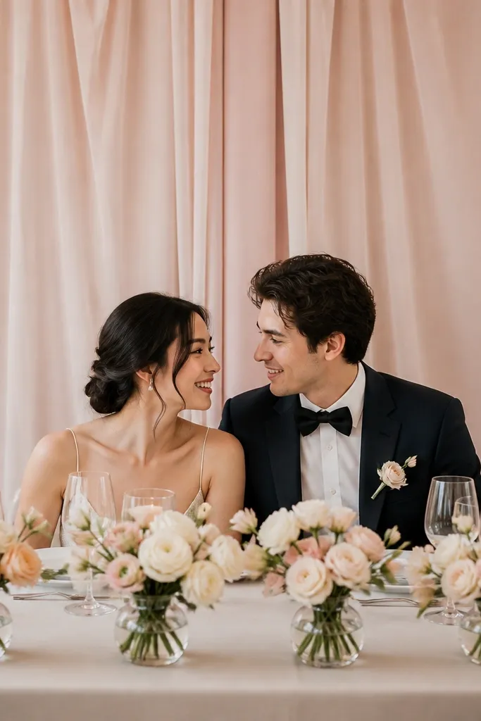 Behind the couple, a blush tulle panel hangs in soft gathered sections, with two slim vertical folds. In front, small bud-style floral bunches sit in low glass vases along the center line of the table.