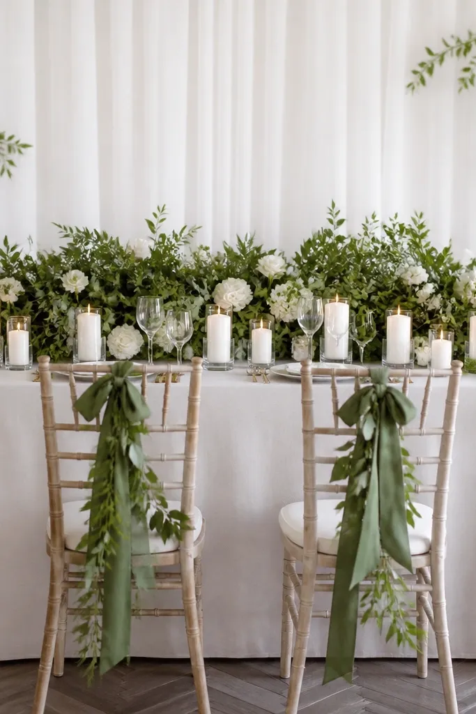 A long greenery swag runs along the back of the sweetheart table, with white pillar candles set in a row on the tabletop. The flowers are mostly white with lots of textured leaves, and the chair backs have matching green ribbons.