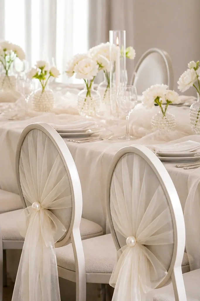 The table has a soft ivory organza overlay with gentle ruffles, and small pearl-like beaded glass vessels line the center. The chair backs are dressed with pale pearl pins and simple bows.