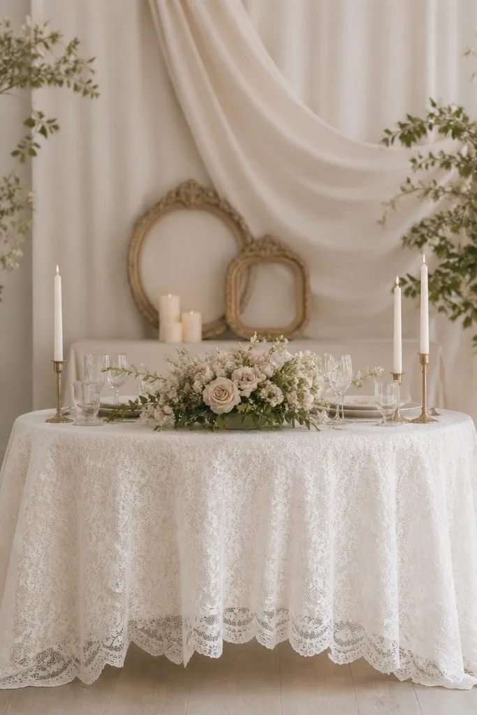 The sweetheart table uses a lace tablecloth with scalloped edges. Behind it, two small antique-style frames lean against a fabric backdrop, and a few ivory candles sit between them.