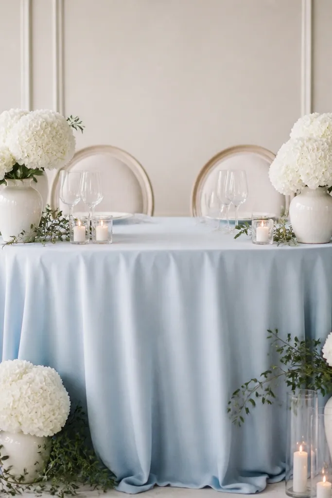 The sweetheart table has a soft blue linen tablecloth. White hydrangea clusters sit in ceramic vases without visible foam, and small sprigs of greenery are tucked lightly around the base.