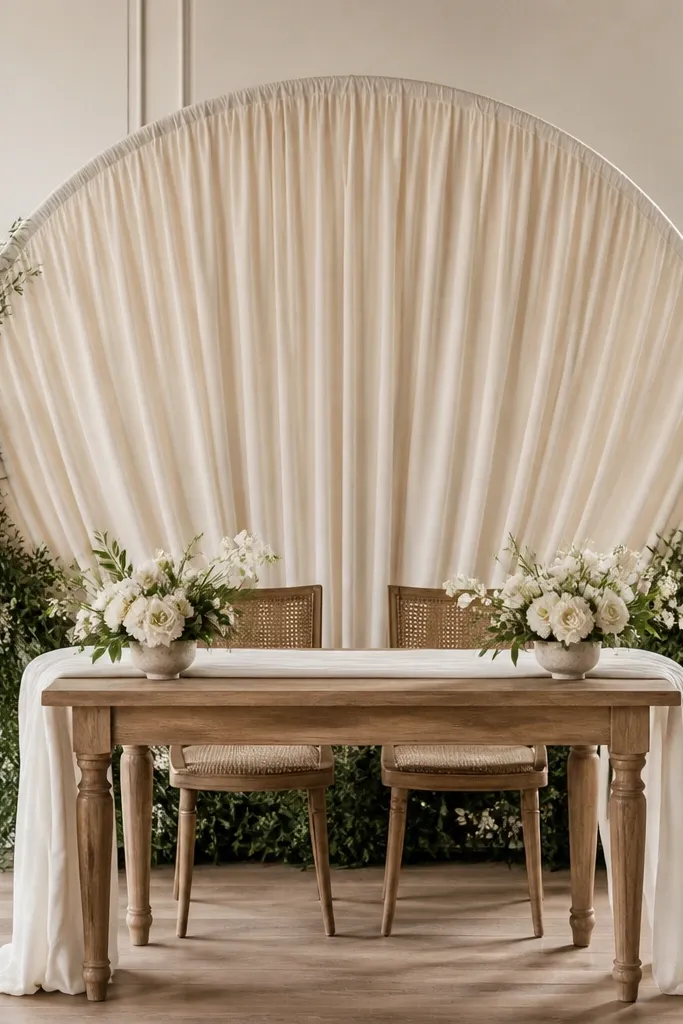 Behind the sweetheart table is a half-moon backdrop made of cream fabric draped in an arc. Greenery garlands line the bottom curve, and the table has a simple white runner with two low vases.