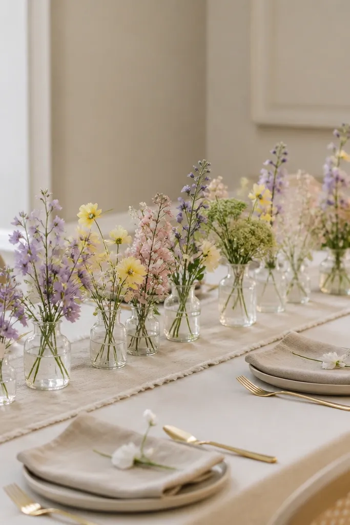 The table uses a neutral ivory base with a thin runner. Along the center sit small bud vases filled with micro florals in pastel colors - lavender, pale yellow, blush, and mint - with a few candles at the ends.