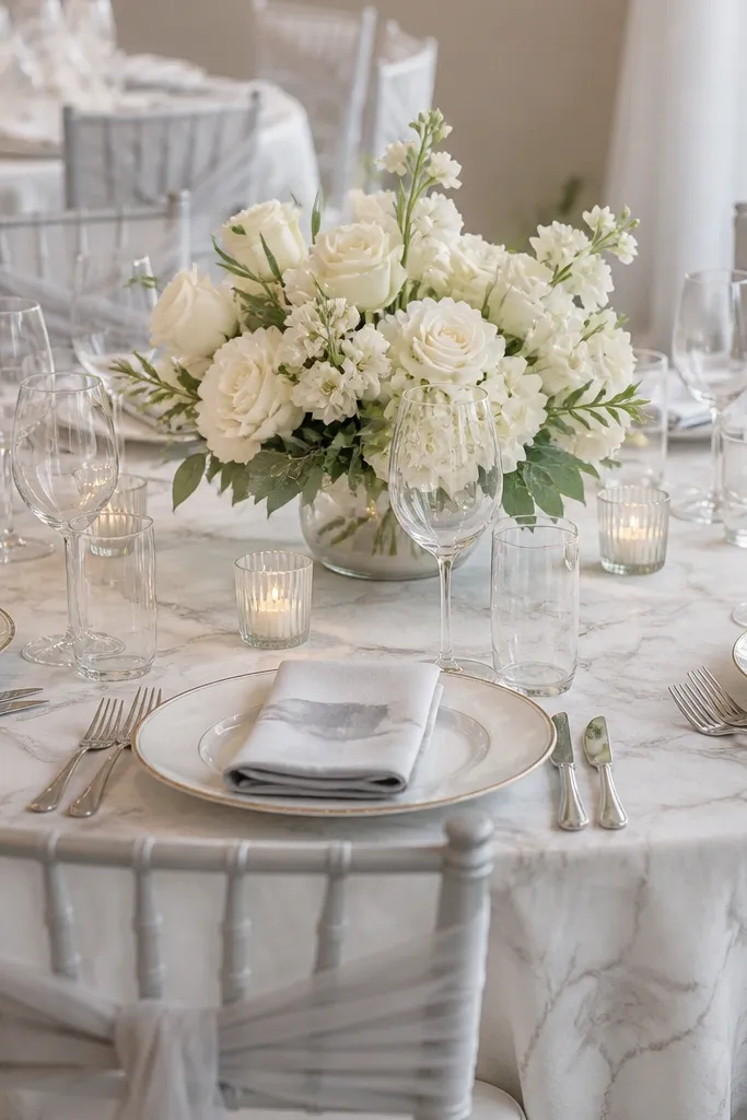 The table has a light faux marble-patterned base cloth or overlay under the centerpiece. White florals sit in a single low vase, and the chair backs are wrapped with light gray sashes.