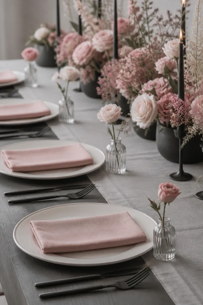 Each place setting has matte black forks and knives, a folded blush-pink linen napkin placed neatly on a white charger, and a small clear glass with a single bud flower. The table runner is a light gray fabric, and the overall palette is blush, gray, and black.