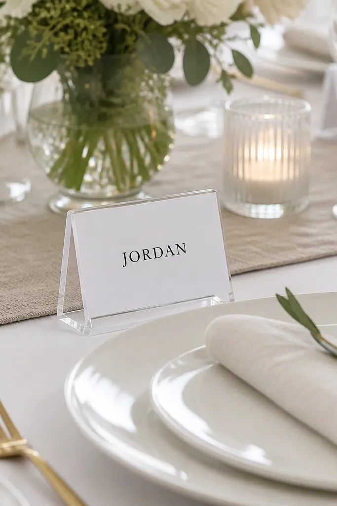 Transparent acrylic place card holders stand in front of each plate, holding white cardstock with black names. The card base is upright and sits slightly above the plate line. Behind the cards, there are small glass votives and a neutral linen runner.