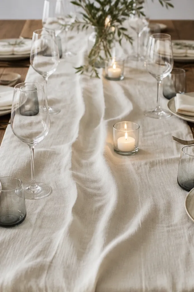 A long linen runner is laid down the center with intentional folds and soft wrinkles. The runner is a warm ivory color, and it covers the middle of the table while leaving the edges visible. Place settings sit on top with napkins in matching ivory and small candles at regular intervals.