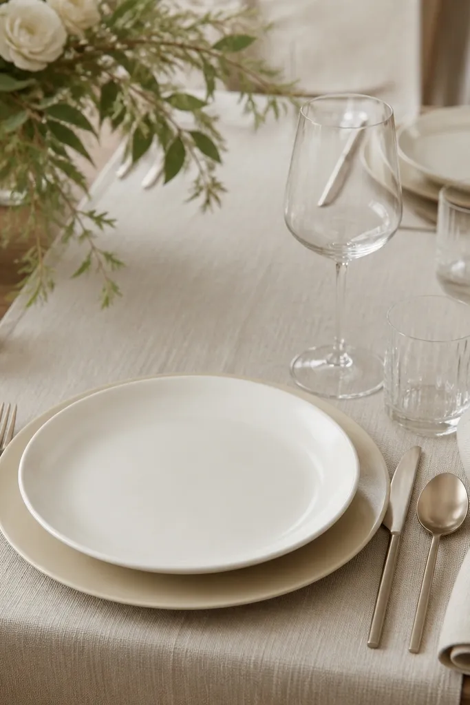 Warm white dinner plates sit on slightly darker cream chargers. The charger rim shows a clear band of color around the plate edge. Napkins are folded in matching cream linen, and the table runner is a soft beige fabric.