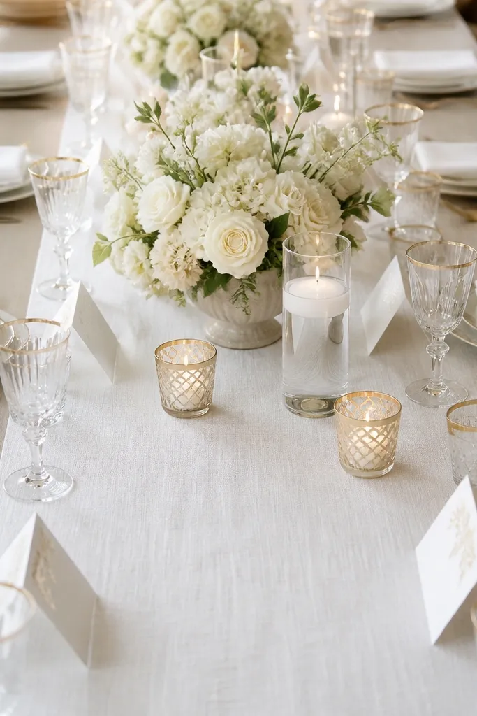 A white runner with a subtle woven texture runs down the table. Place cards have gold foil accents on white cardstock, and each setting has a folded white napkin. Small gold-rimmed glasses and candle holders sit between settings.