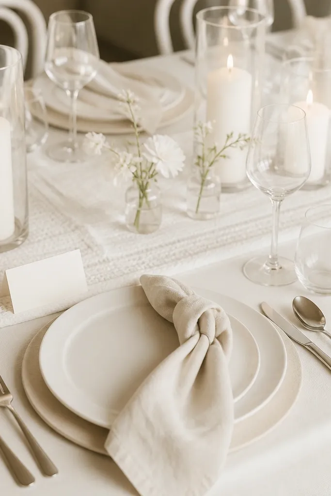 A monochrome cream table with ivory plates, cream chargers, cream linen napkins, and white candles in clear glass. The only variation is shade and texture: matte linen, glossy glass, and textured runner fabric. Place cards are off-white with no heavy borders.