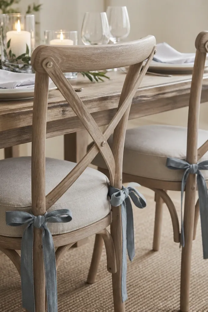 A close view of two dining chairs with fabric ties in a color that matches the edge of the napkin. The table has white plates, matching napkins, and simple center candles. The chair ties add a consistent thread across the room.