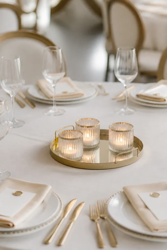 A table center with a simple tray holding gold-rimmed votive candles only. There are no visible floral arrangements on the center. Place settings have white plates, a folded champagne napkin, and small gold detail on place cards or menu cards.