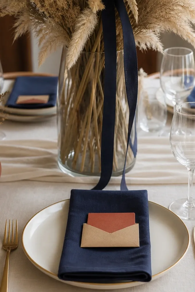 Place settings show navy napkins with terracotta place cards tucked into small kraft envelopes. The plates are cream with a thin gold rim. The centerpiece is a tall vase with dried grasses and navy ribbons.