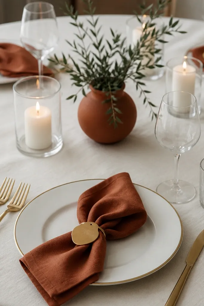 White porcelain plates with a thin gold rim sit on cream linen. Napkins are folded in terracotta with a gold monogram tag. The center has white candles in glass holders and a compact terracotta vase with greenery.