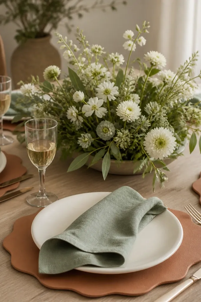 There are wavy-edged chargers in warm terracotta under cream plates. Napkins are sage green linen folded with a slight wave. The centerpiece is a low arrangement in a shallow dish with sage leaves and white blooms.