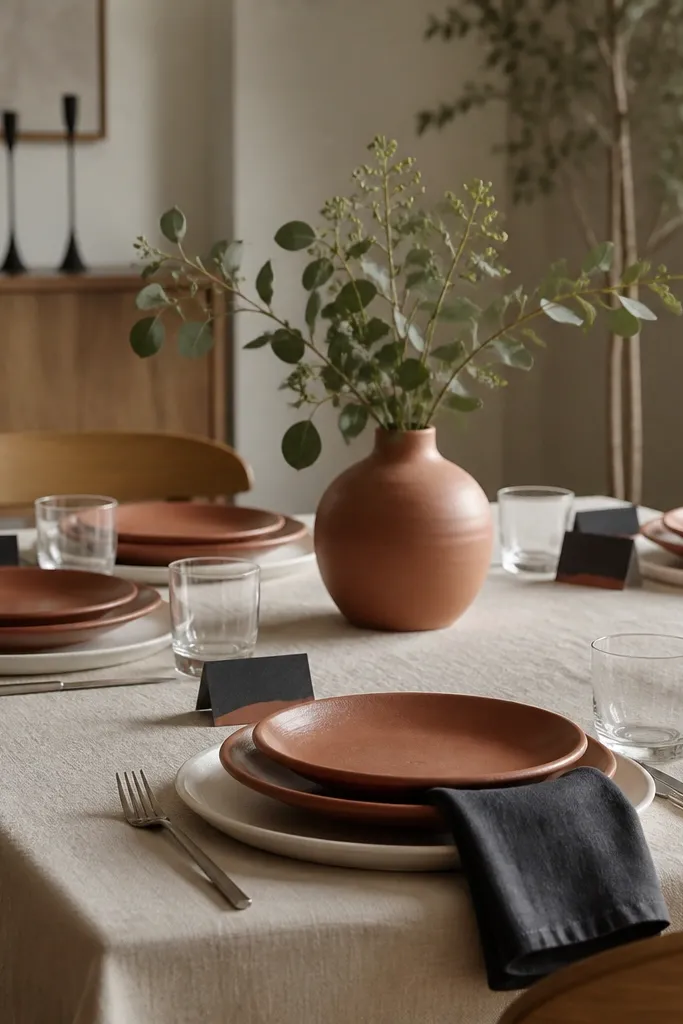 A modern table has charcoal napkins and terracotta ceramic plates stacked with cream chargers. The centerpiece is a single terracotta vase with greenery, and place cards are charcoal with terracotta ink.