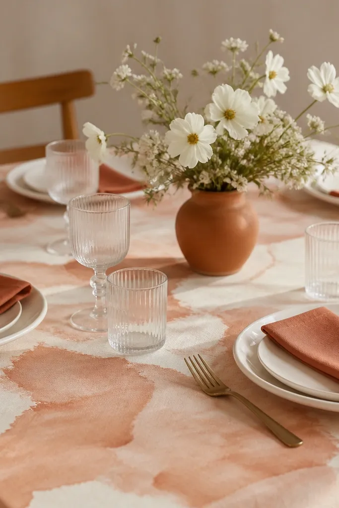 A tablecloth has a watercolor-style terracotta wash across a cream base. Plates are plain cream, napkins are solid terracotta, and the centerpiece is a small bouquet of white flowers in a terracotta vase.