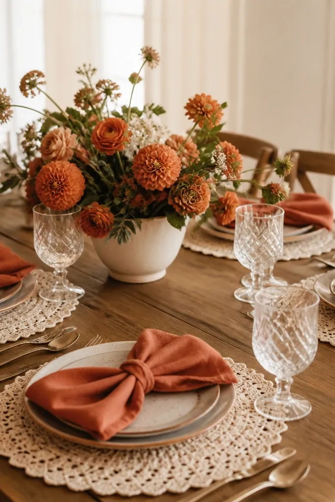 Under each plate there is a cream crochet doily. Terracotta napkins are folded into a bow-like knot, and the centerpiece is a low arrangement in a cream pitcher with terracotta blooms.