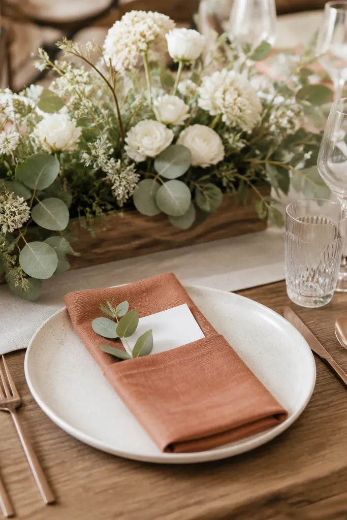 Napkins are terracotta linen folded into pockets holding a eucalyptus sprig and a small card. Plates are cream with a subtle speckle. The centerpiece uses eucalyptus and white flowers in a low wooden tray.