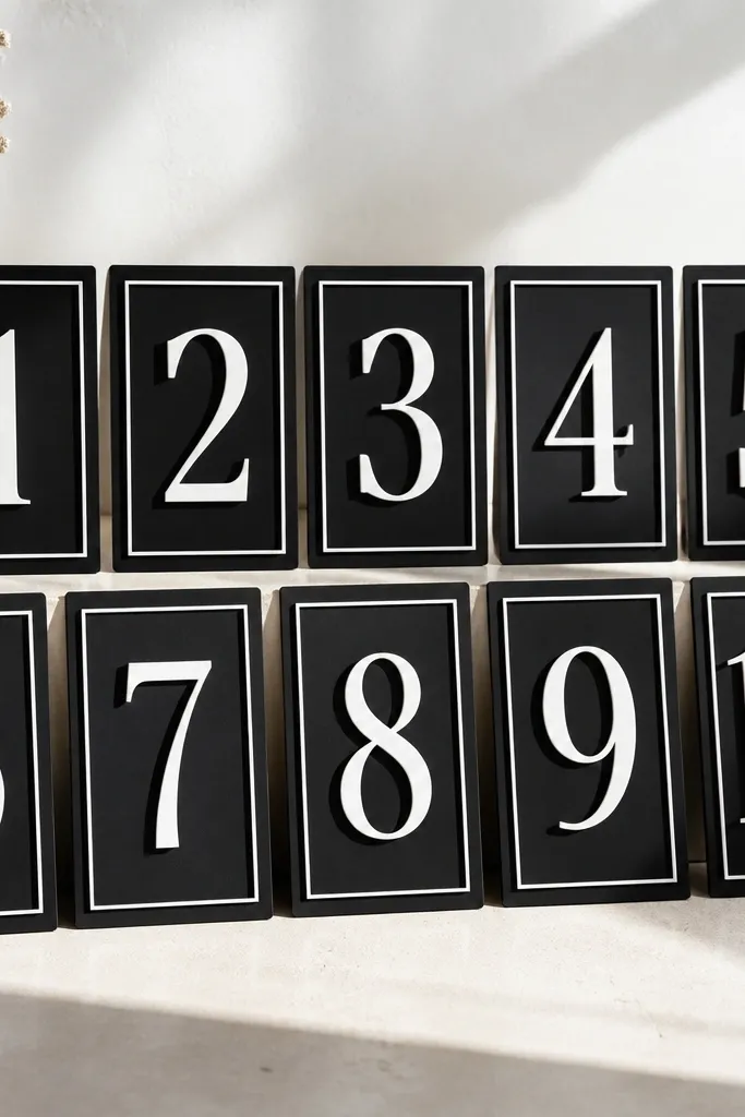 A set of table numbers 1-10 mounted on black foam board. Each number is cut from matte white vinyl and sits inside a thin rectangular frame strip. There's a visible 2-3 mm gap between the vinyl number and the frame, creating a subtle shadow effect.