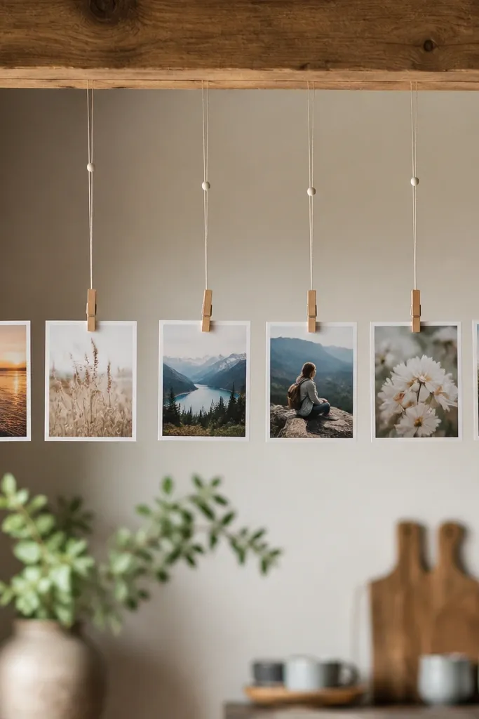 A garland hanging from a beam with clear fishing line. Photos are clipped with tiny clothespins, and each line has a small bead stop at the top so the photo hangs at the same height.