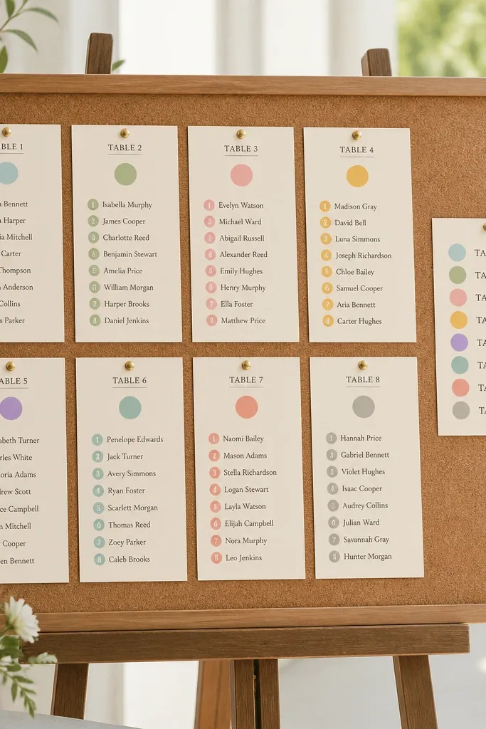 A seating chart on a corkboard with small numbered circles and typed names. The entries are grouped by table number, and each table has a different color dot. A legend is printed on the side.