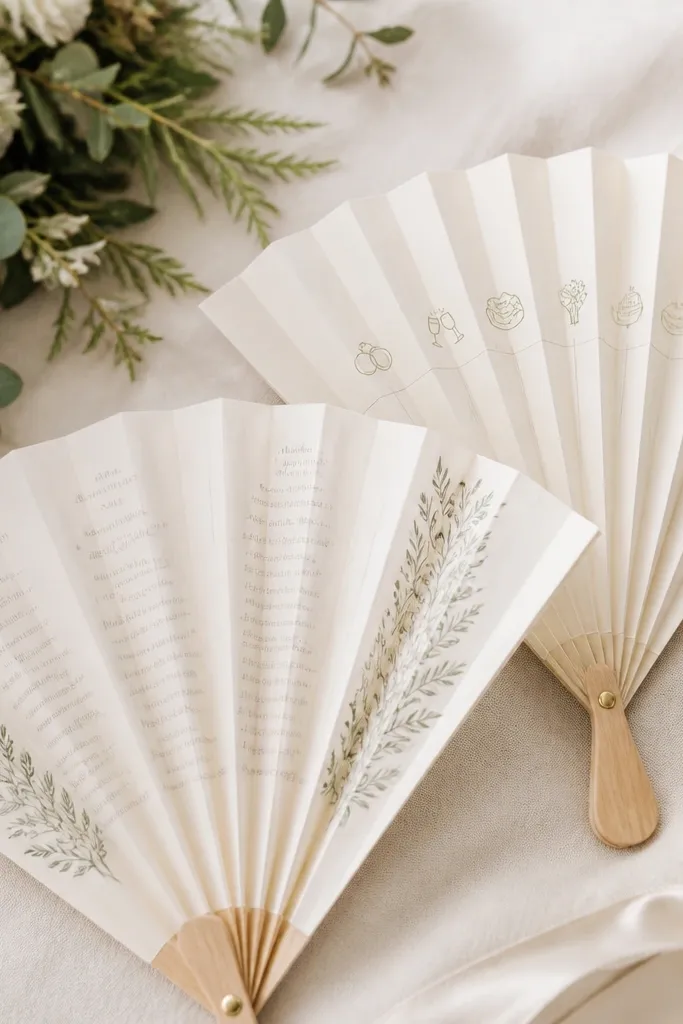 A set of ceremony program fans opened like hand fans. They're made from thick cardstock with crisp accordion folds. The text is printed on one side and a small schedule graphic is on the other.