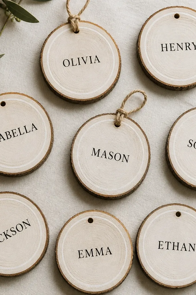 A flat lay of round wood slices used as place cards. Each slice has a thin wax-resist border in off-white along the rim, with crisp black names centered inside. Some cards have tiny twine loops tied through a 2mm hole at the top edge, and a faint wood grain pattern shows through the paint.