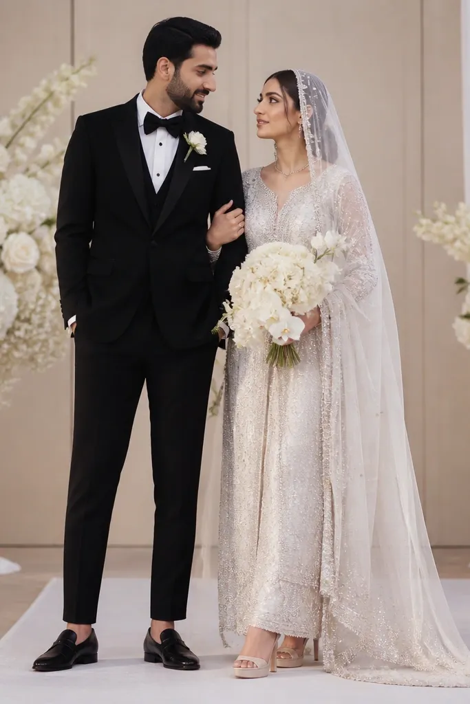 A stage standing shot where the couple's shoes are visible: bridal heels with a clear platform and a groom's sleek leather loafers. The stage floor has a low runner so the shoes are readable in photos.