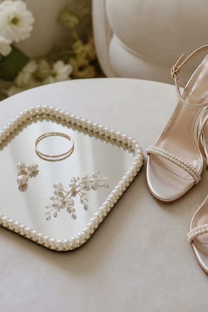 A tray on the wedding stage lined with a pearl beaded border, with bridal shoes nearby that have small pearl accents along the strap.