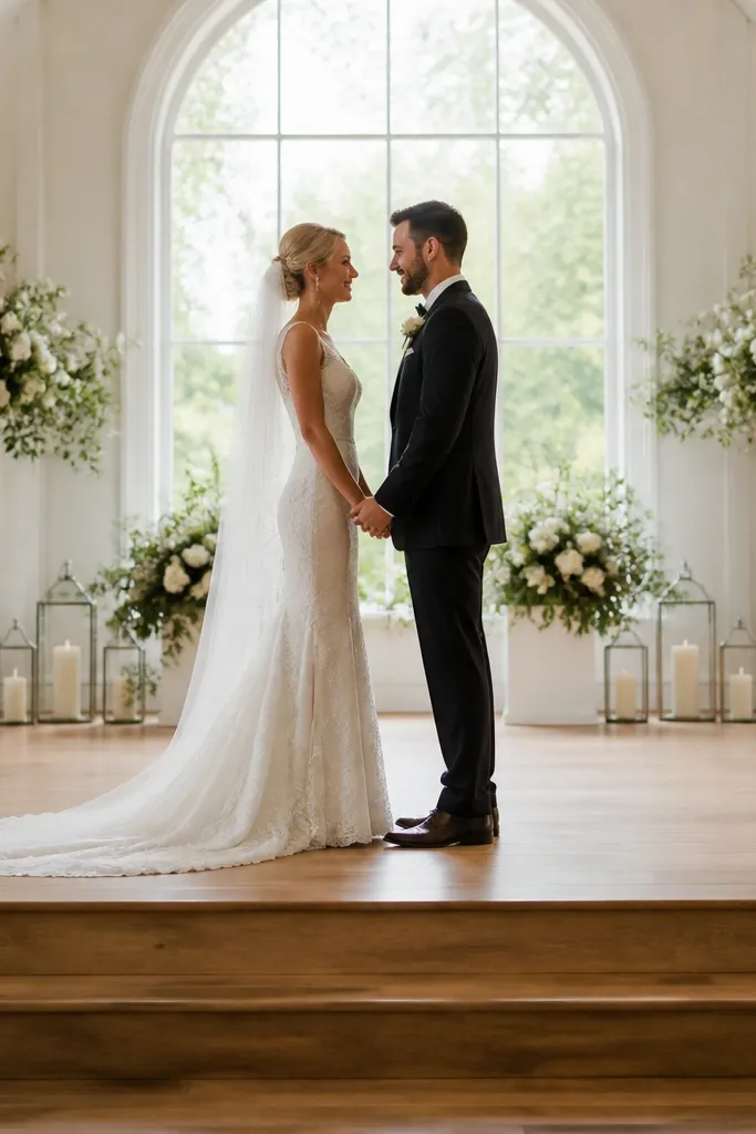 The couple's shoes aligned just inside the front edge of the stage, with a clear, uncluttered floor area around them. Accessories sit slightly behind, not in front.