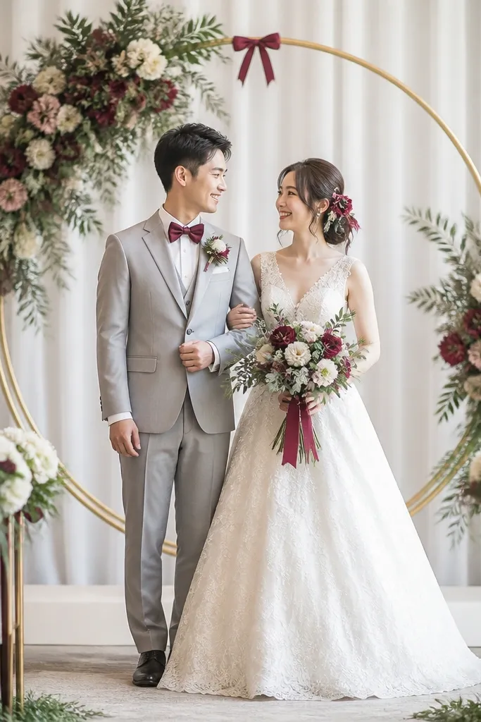 A center-stage arrangement where the color of a groom's bow tie and the bride's hair accessory matches a small ribbon accent on the stage sign or floral holder.