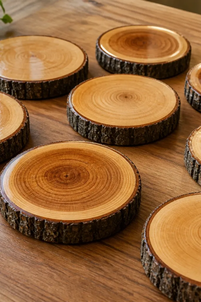 A tabletop display of round wood slices used as coaster bases, each slice sealed with a glossy clear coat; thickness looks uniform, with visible tree rings and no cracks spreading.