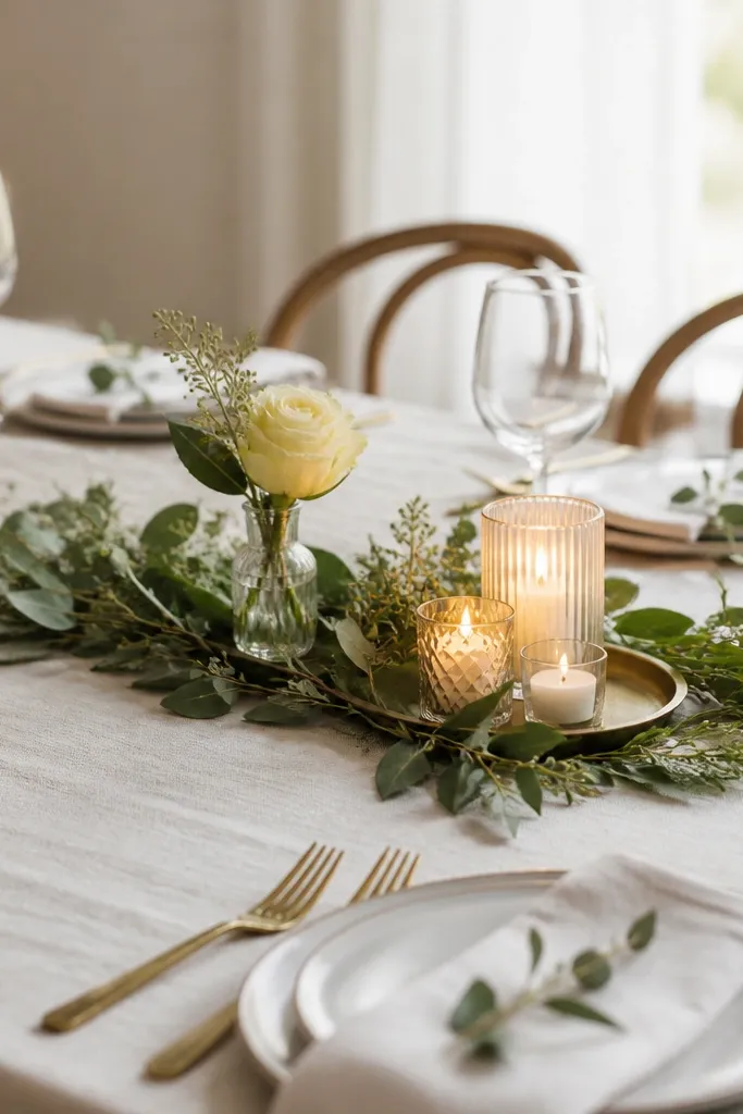 A dining table where centerpieces are built to about 12 inches tall: a low base of greenery, a single floral focal point in a bud vase, and a candle cluster on a tray.