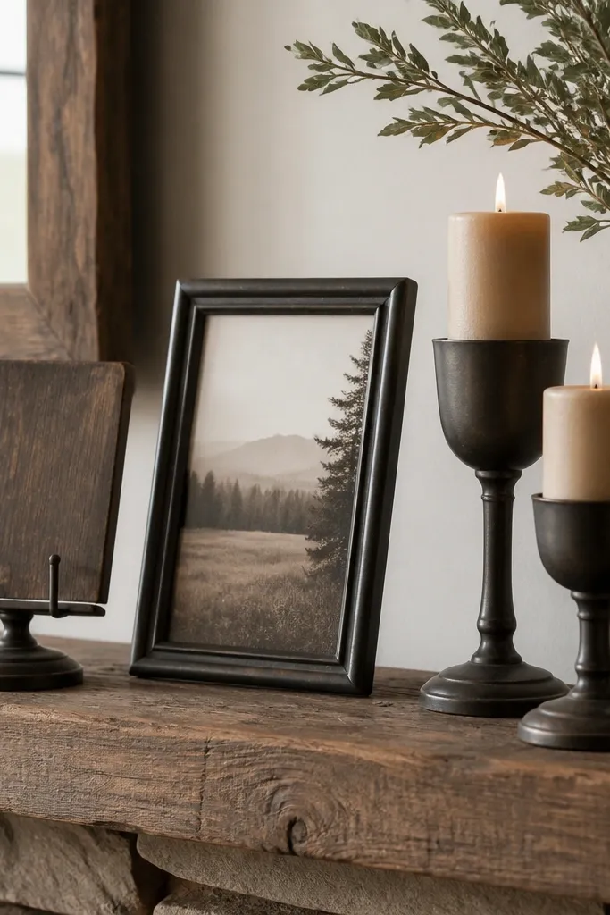 A rustic mantel setup with blackened bronze candle cups, a dark metal picture frame, and matching hardware on a small sign stand; all metal looks the same finish.