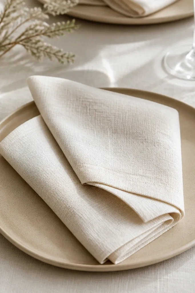 A close-up of table settings: folded cream linen napkins with visible weave, placed on sand-colored chargers; the napkins look warm, not stark white.