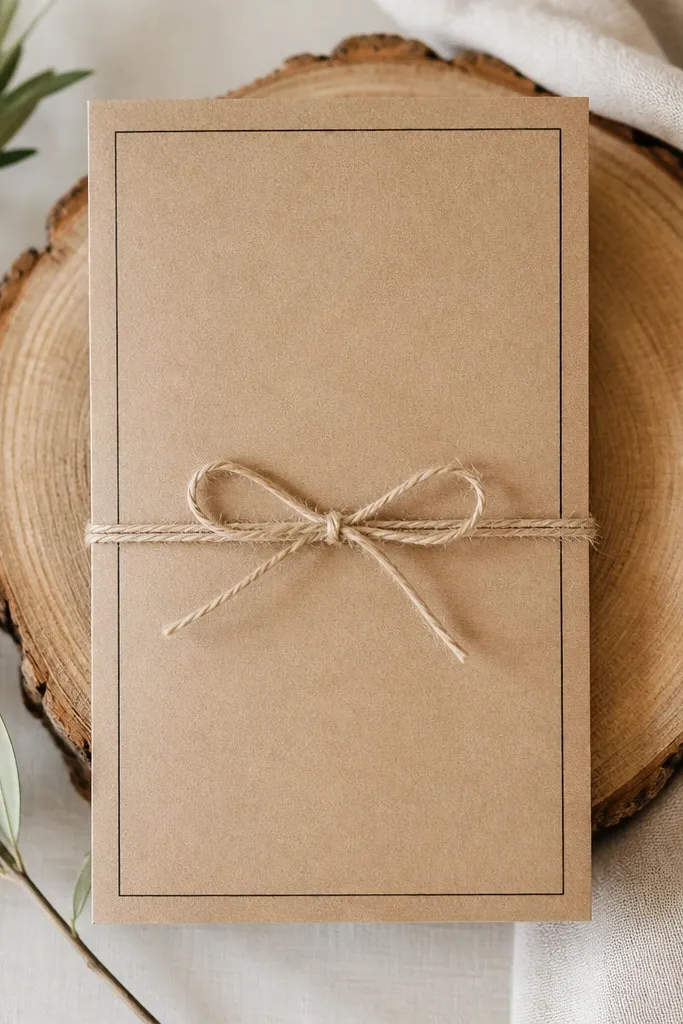 A menu card on kraft paper with a thin dark border, placed on a wood slice base and tied with a linen string; the typography looks crisp and centered.