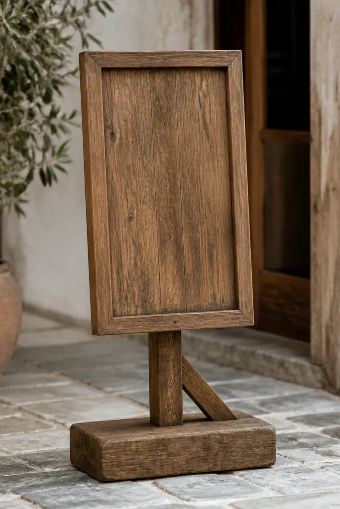 A rustic sign stand made from a thick wood base with a vertical board and cross support; the sign is straight and stable on uneven flooring.