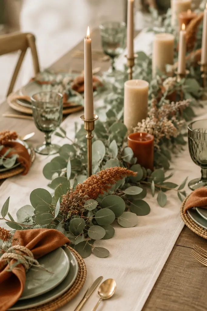 A cohesive table palette where the runner is cream, greenery is sage, and accents are rust-brown; there are no bright pops of blue or bright red.