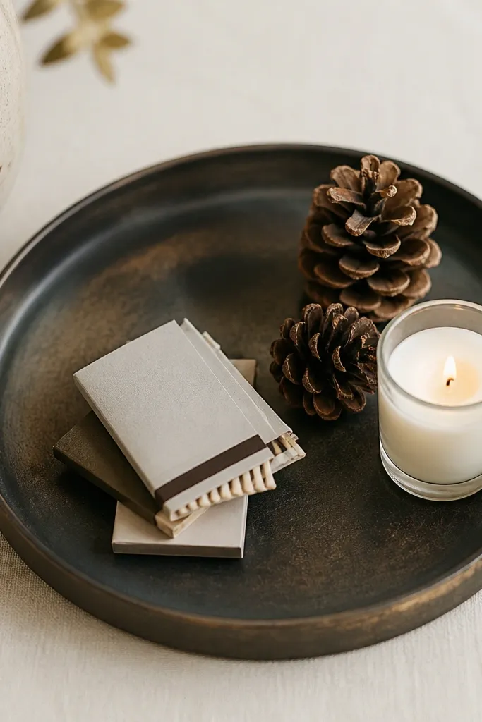 A blackened bronze tray holding small items like matchbooks, a few pinecones, and a candle; the tray keeps the mix contained and tidy.