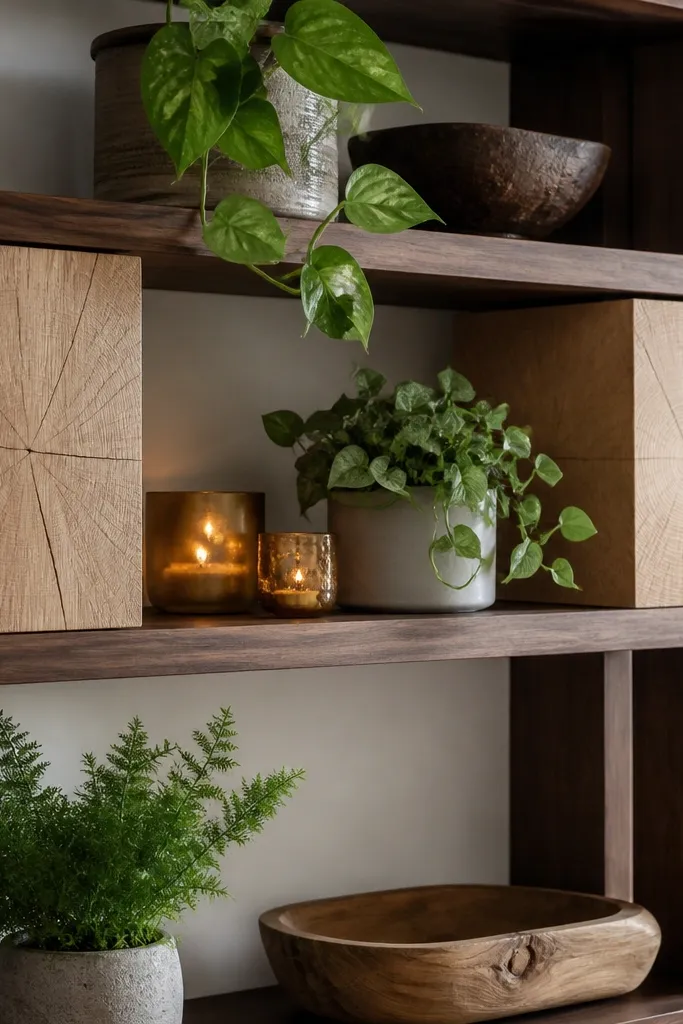 A rustic shelf with two wood tones: a dark walnut frame and lighter oak blocks, with greenery and candle holders in between.