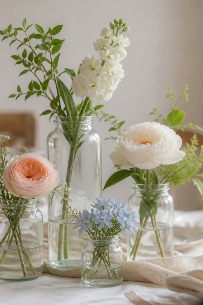 A table centerpiece using multiple glass jars: one tall clear jar, two medium jars, and one small jar, each with a single stem or small bunch.