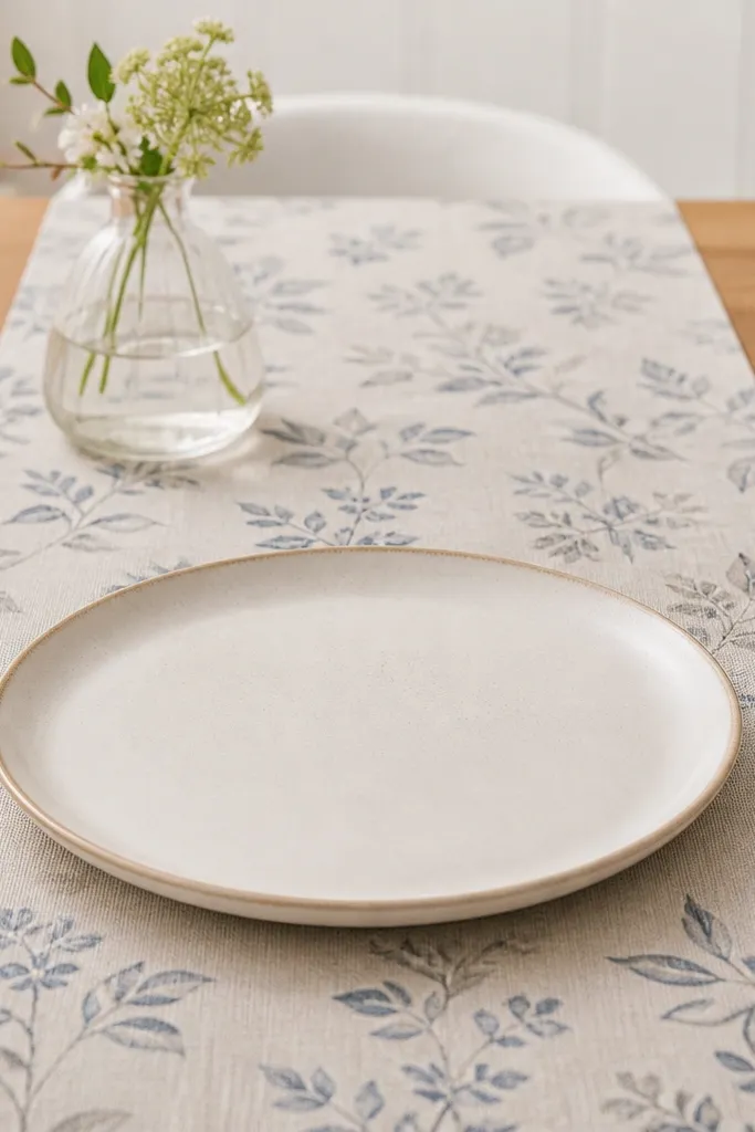 A close view showing a plate with a clear 2-inch gap around it: a small bud vase sits farther back, and a runner pattern continues without touching the plate area.