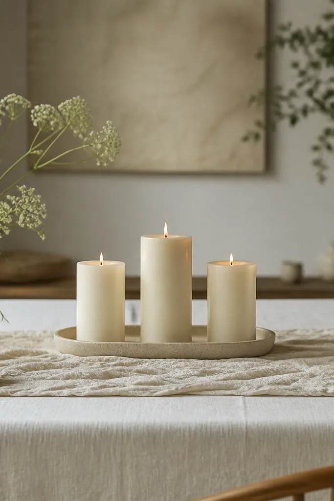 A long table with three candles: the center candle is slightly taller, side candles are shorter, and all wicks align at the same height level.