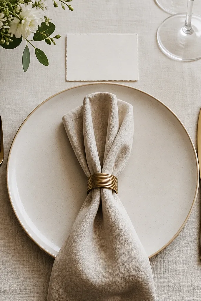A place setting with a small menu card placed above the plate near the top edge, aligned with the napkin fold and cutlery handles.