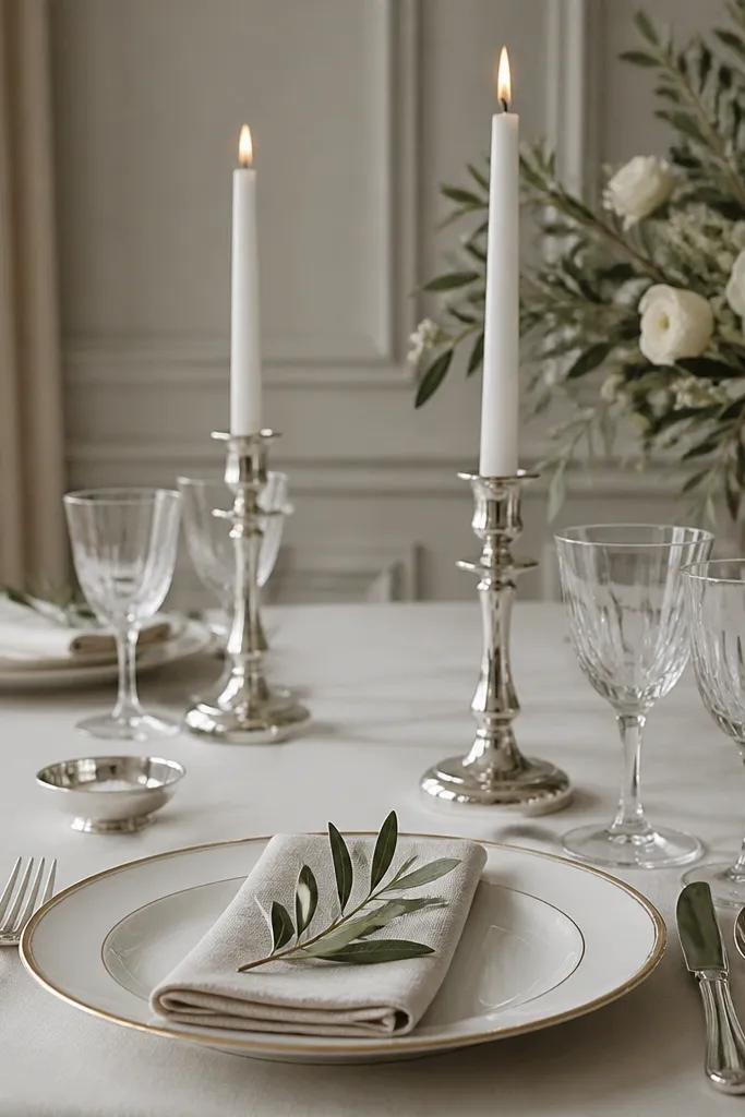 A table with silver cutlery and silver candlesticks, plus a single gold accent in the plate rim; everything else stays consistent.